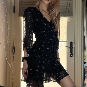 XS All Saints black floral polka dot wrap mini dress